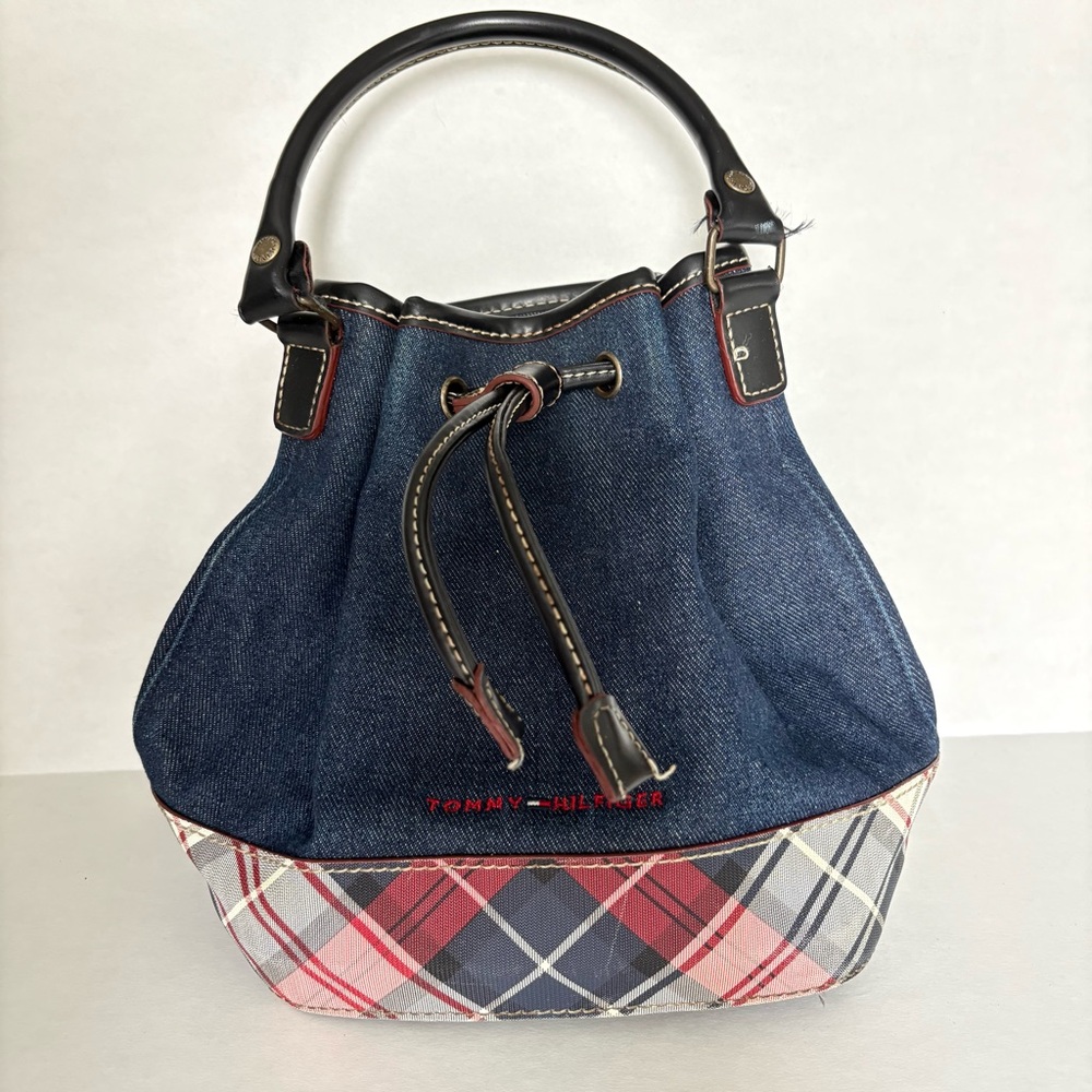 Tommy Hilfiger drawstring denim bucket bag black faux leather trim plaid base